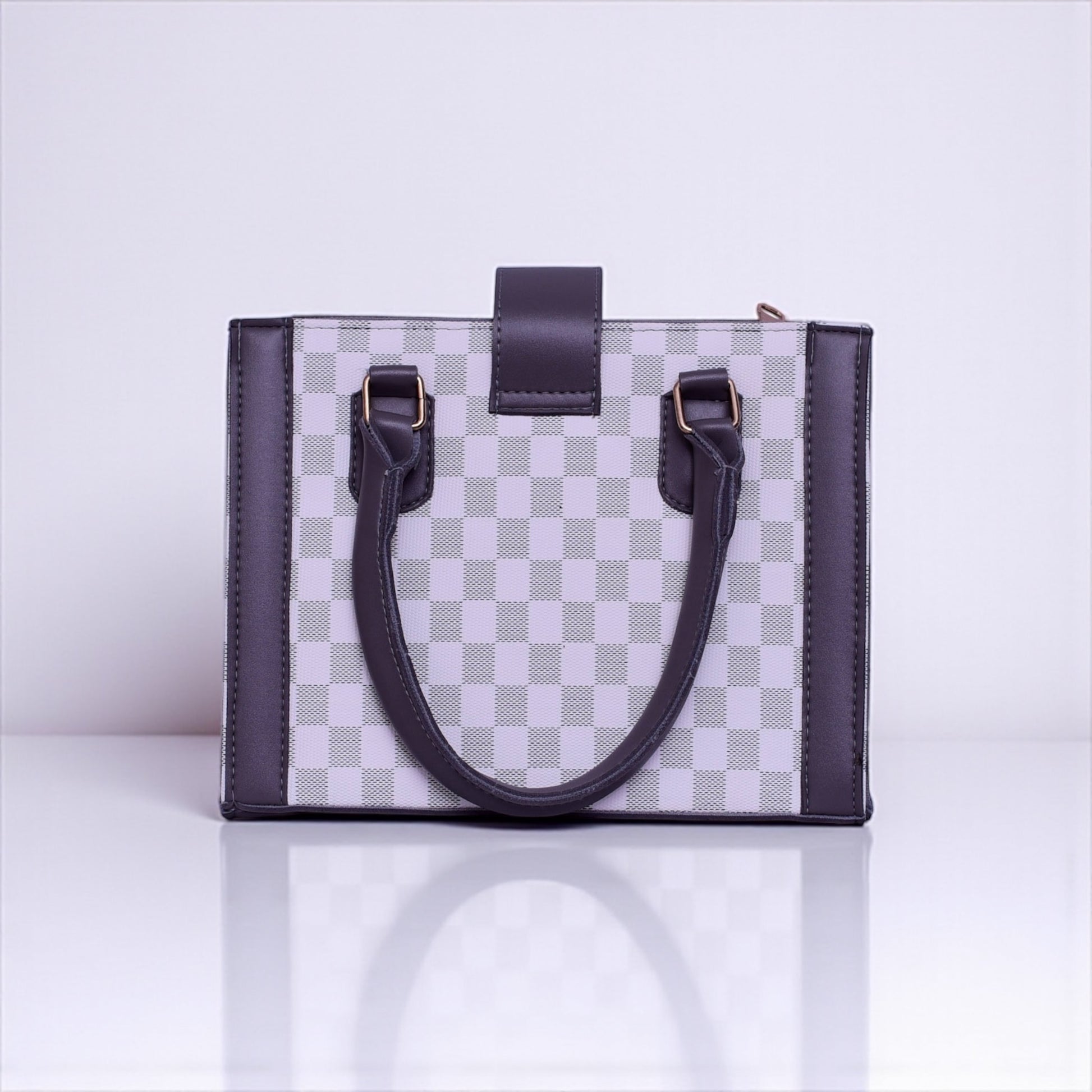 Elegant Checkered Structured Handbag – White & Grey