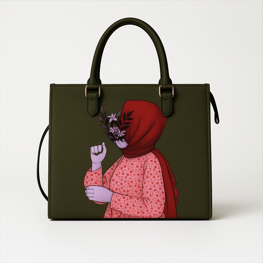 Olive Green Artistic Printed Handbag – Girl with Floral Hijab Design.