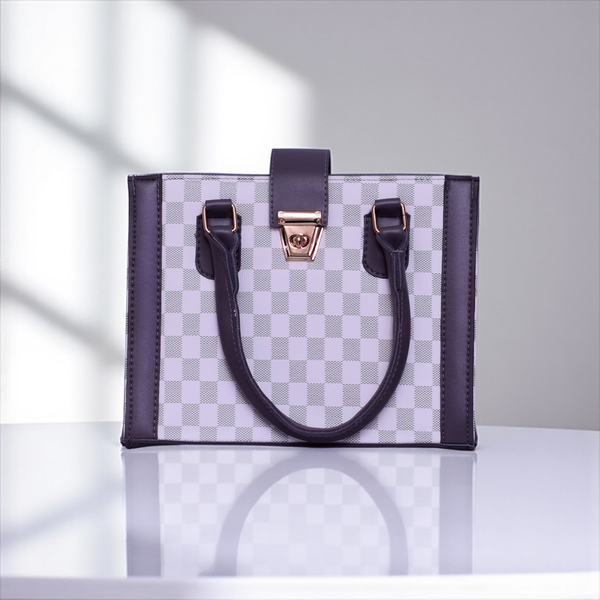 Elegant Checkered Structured Handbag – White & Grey