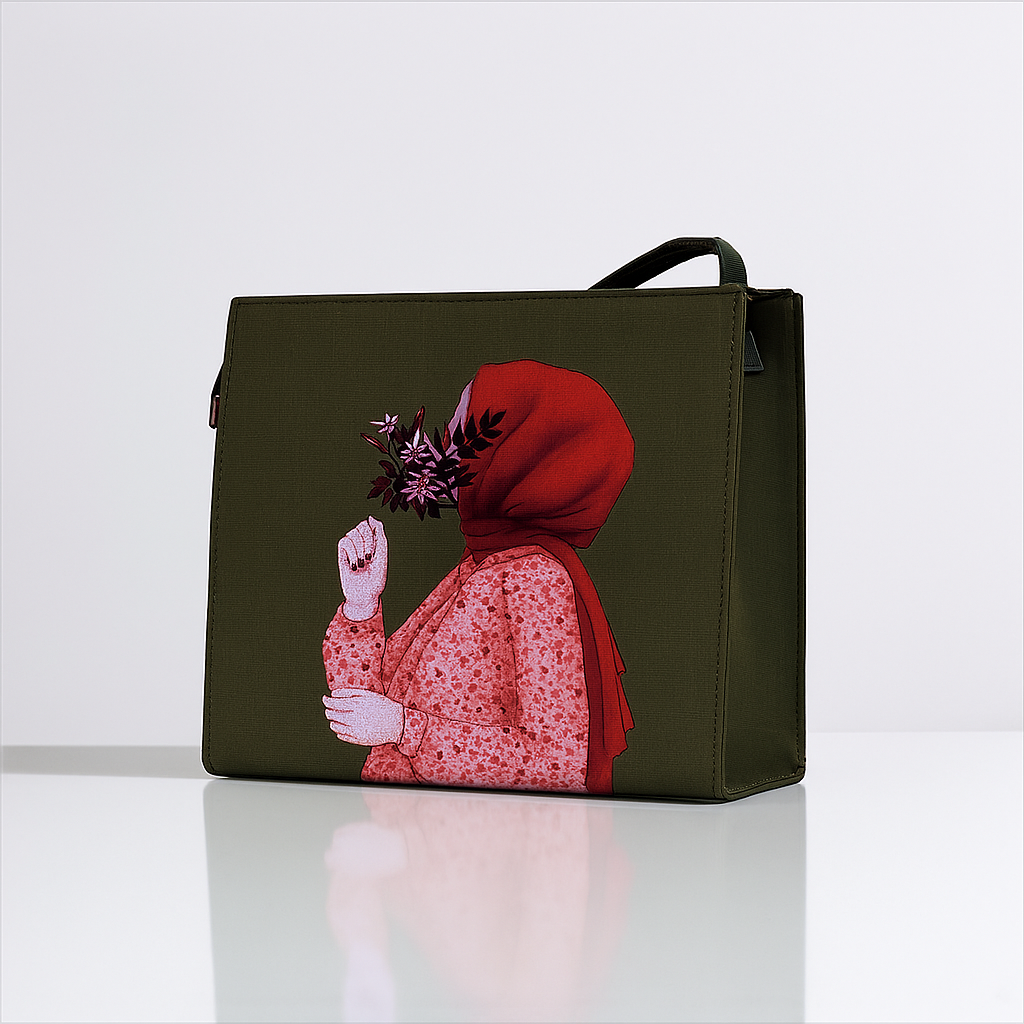 Olive Green Artistic Printed Handbag – Girl with Floral Hijab Design.