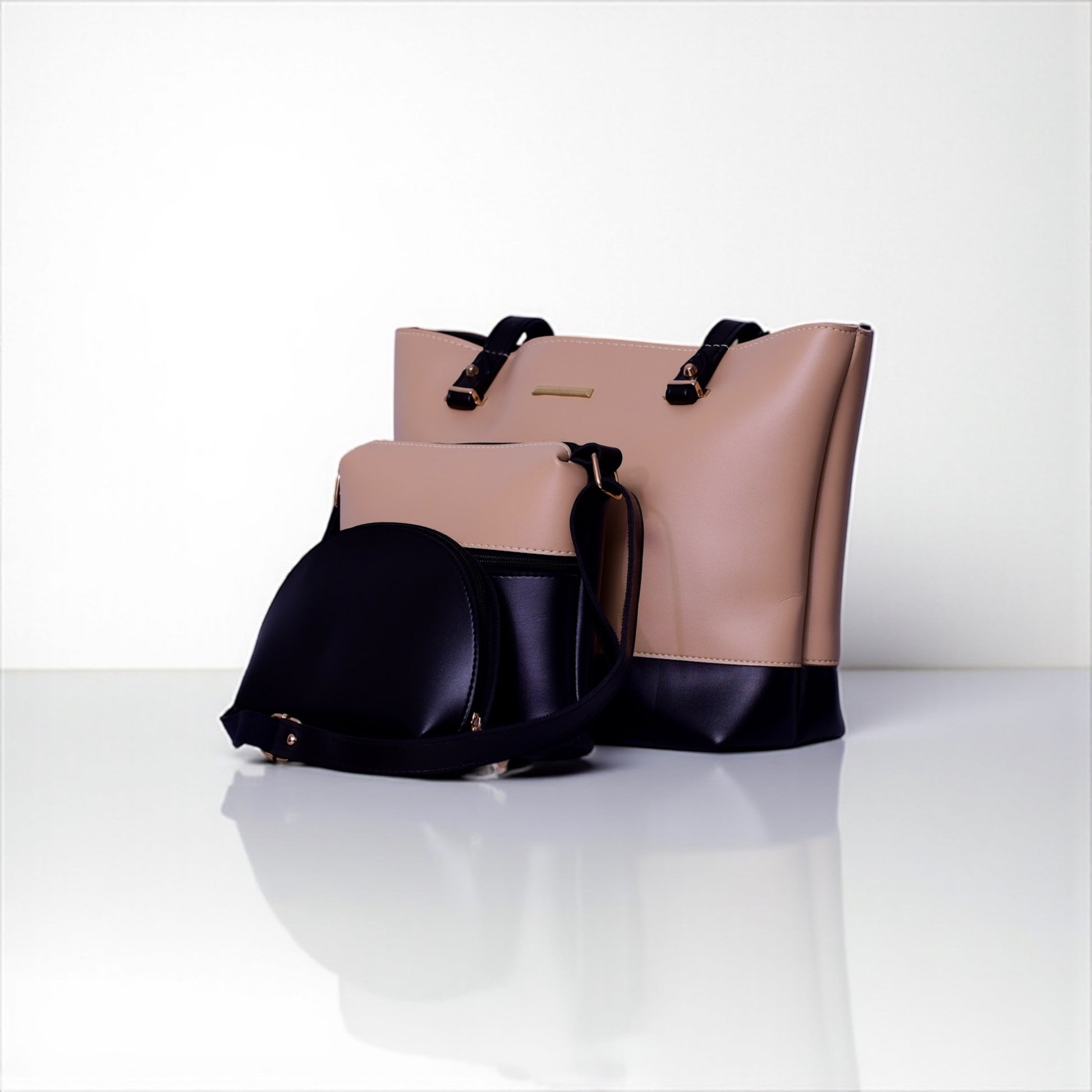 Two-Tone Luxury Tote & Crossbody Bag Set – Nude & Black