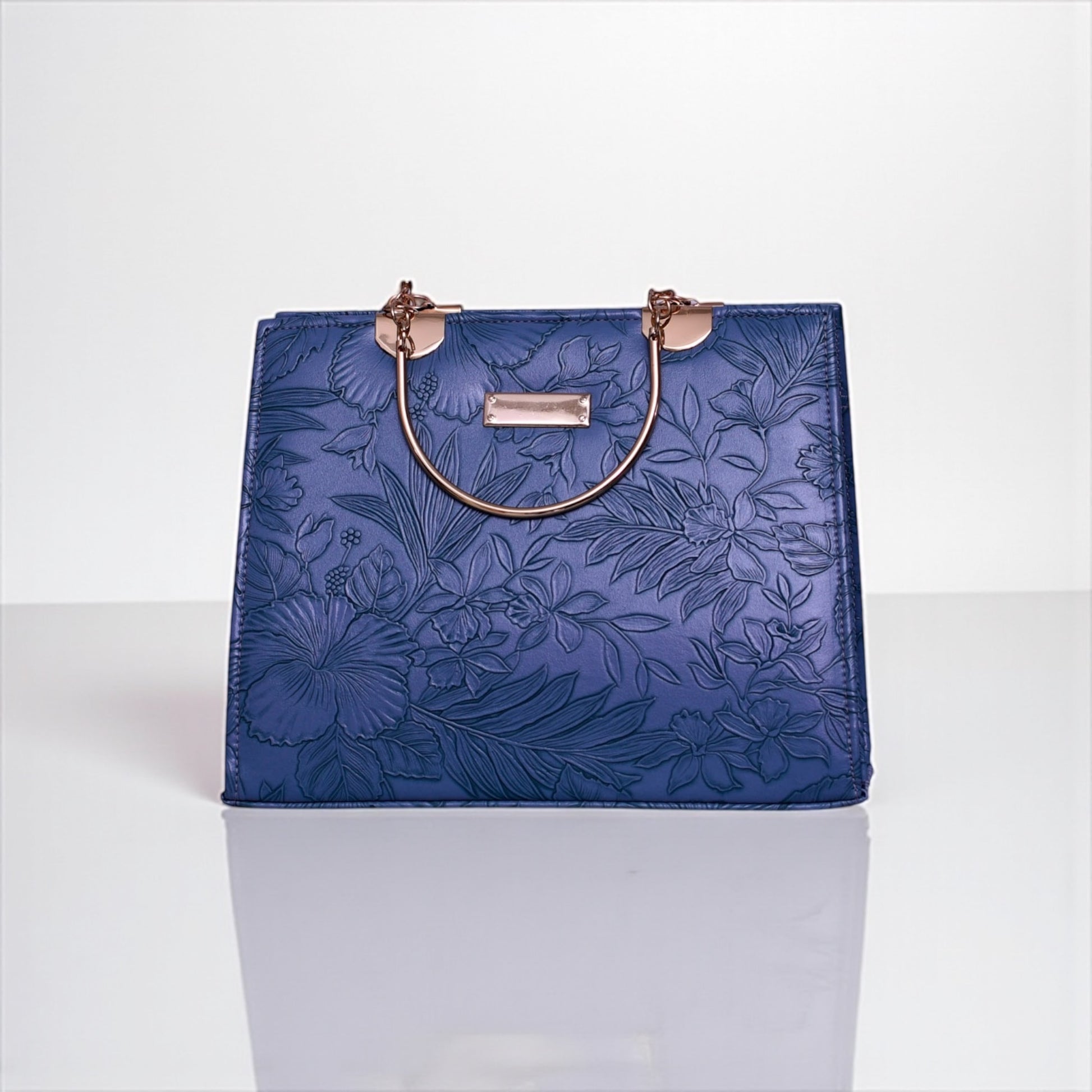 Elegant Floral Embossed Navy Handbag with Gold Handles