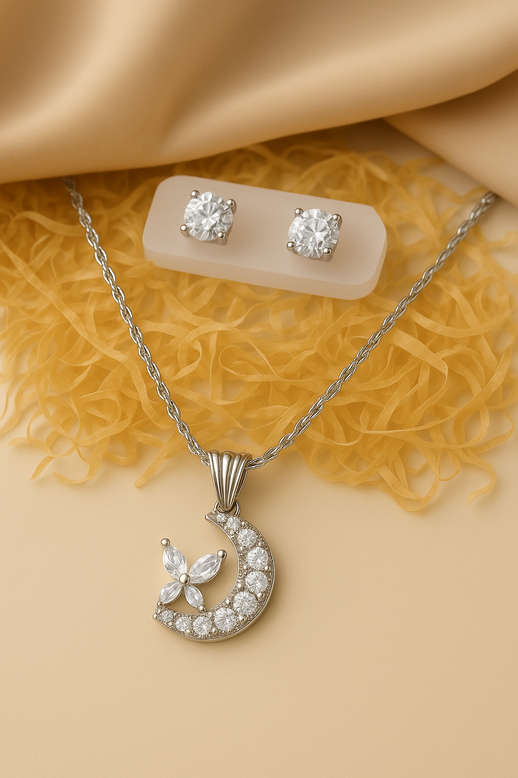 Elegant Crescent Moon & Butterfly Pendant Necklace with Solitaire Stud Tops – Silver Finish