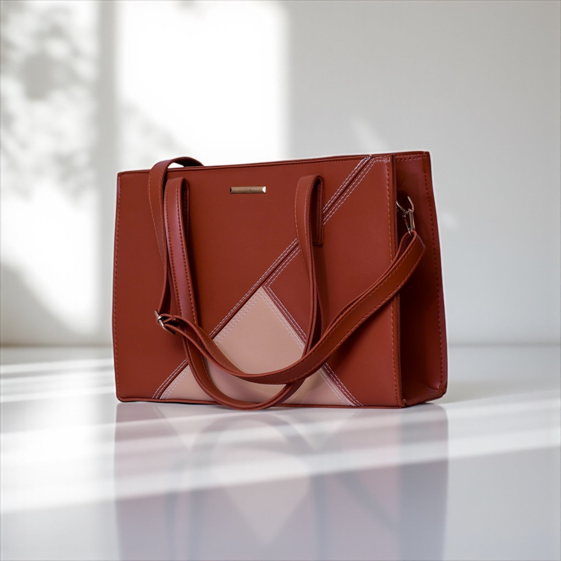 Luxury Coffee Brown Tote Bag – Two-Tone Geometric Design