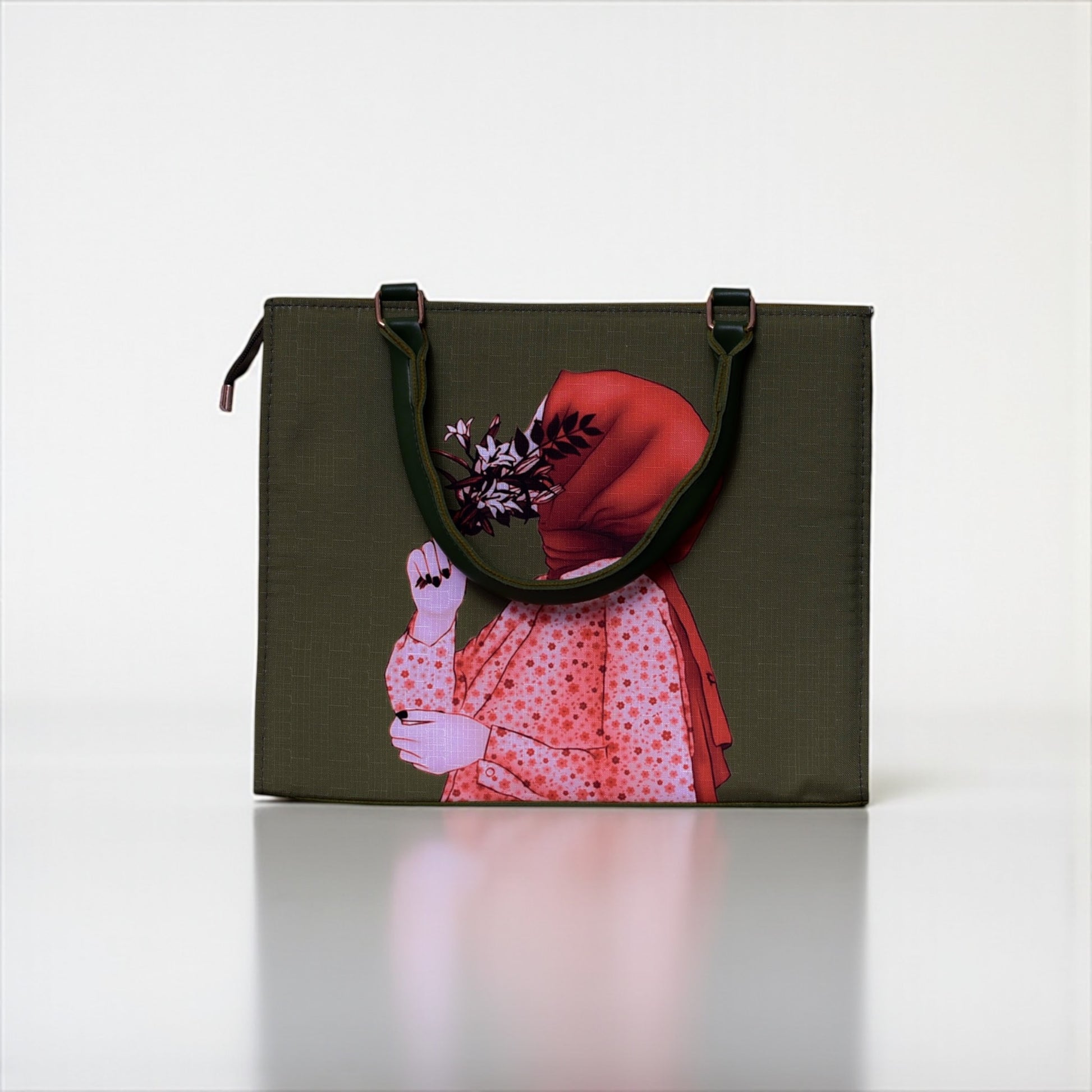 Olive Green Artistic Printed Handbag – Girl with Floral Hijab Design.
