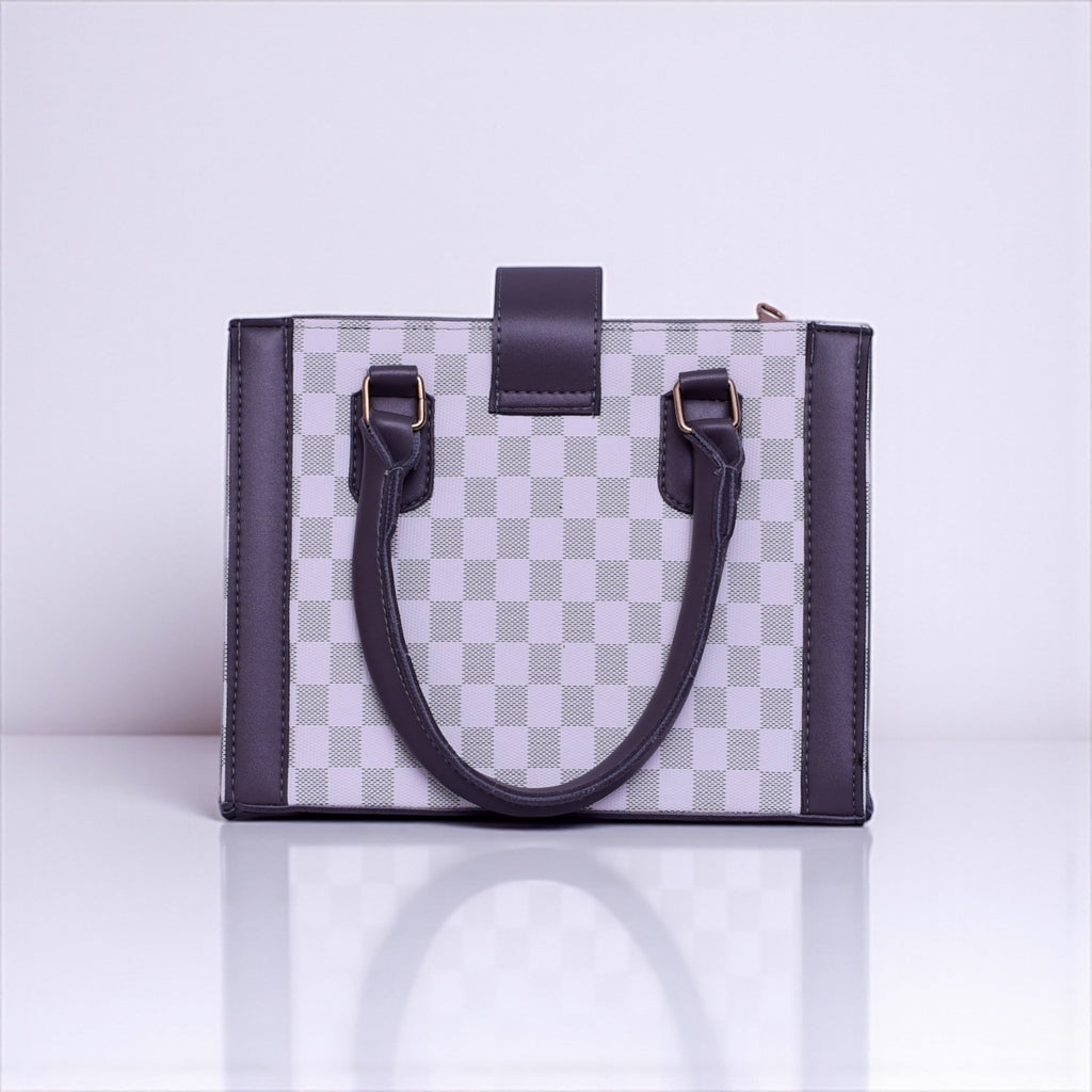 Elegant Checkered Structured Handbag – White & Grey