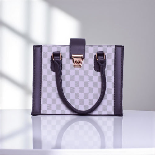 Elegant Checkered Structured Handbag – White & Grey