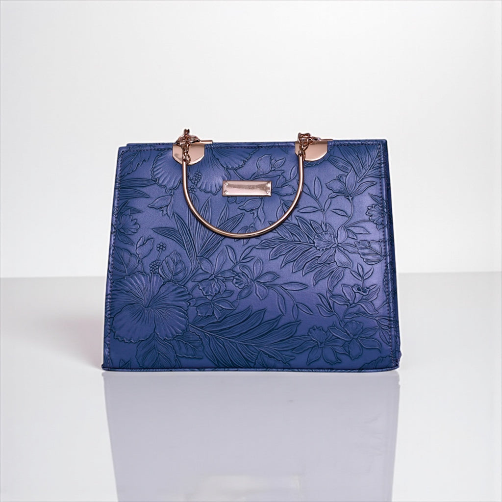 Elegant Floral Embossed Navy Handbag with Gold Handles