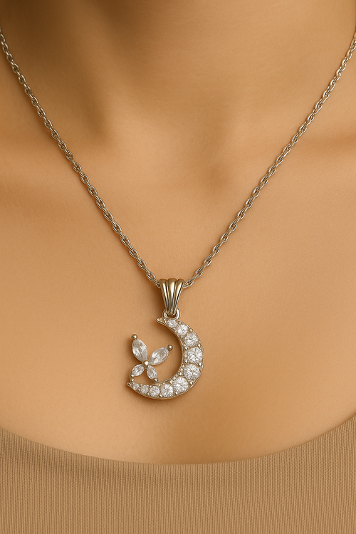 Elegant Crescent Moon & Butterfly Pendant Necklace with Solitaire Stud Tops – Silver Finish