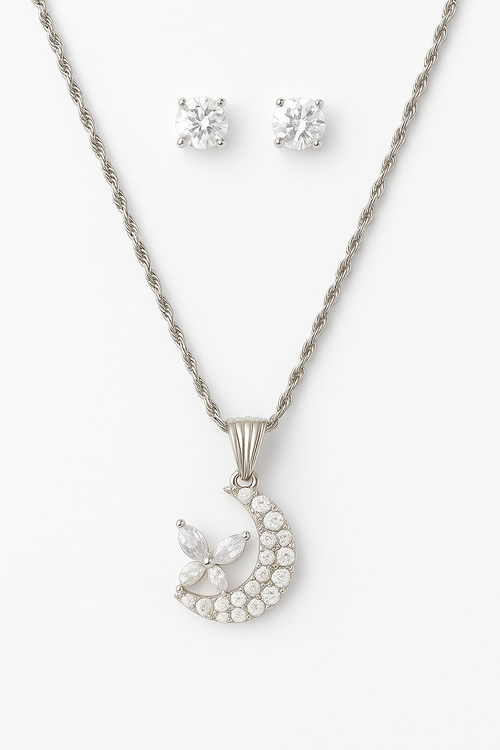 Elegant Crescent Moon & Butterfly Pendant Necklace with Solitaire Stud Tops – Silver Finish